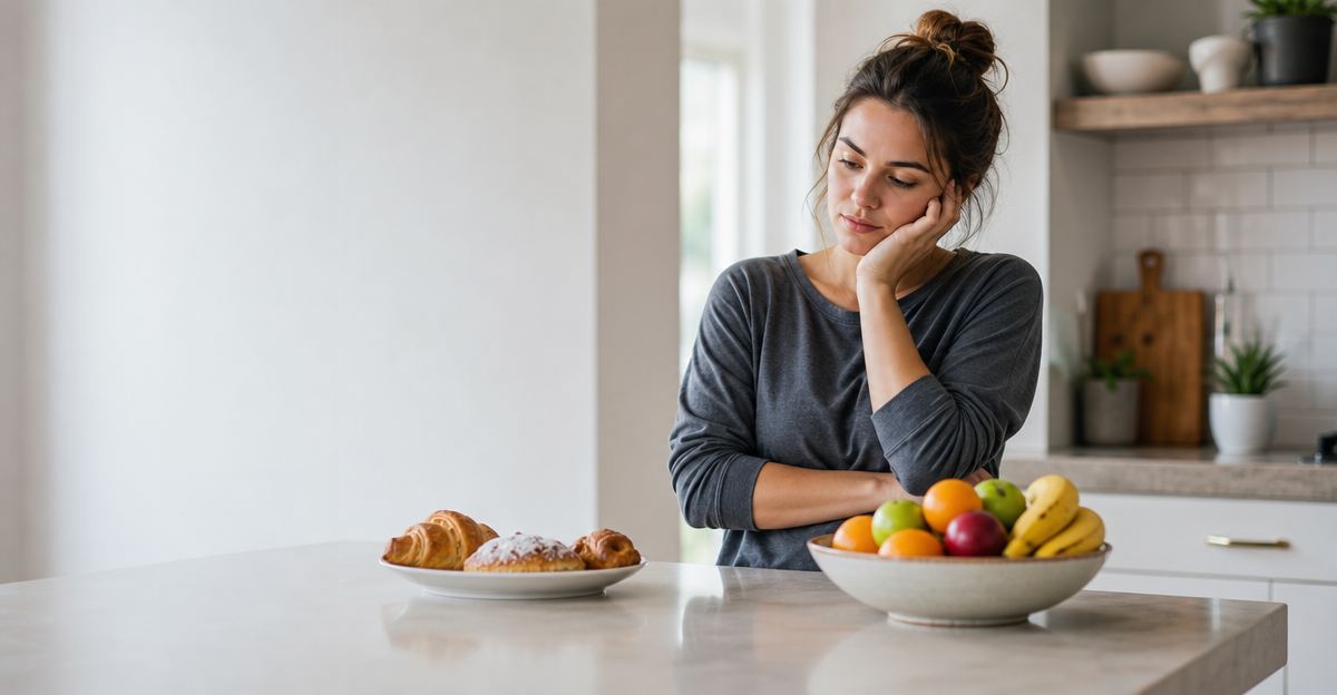 A tired woman looking at a bowl of fruit and pastries on a kitchen counter in the morning light.